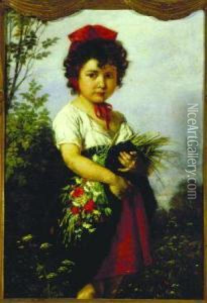 Young Girl With Wildflowers Oil Painting - Rudolf Epp