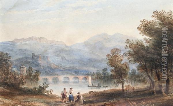 An Italian Lake Landscape With Figures Before Oil Painting - William Crouch