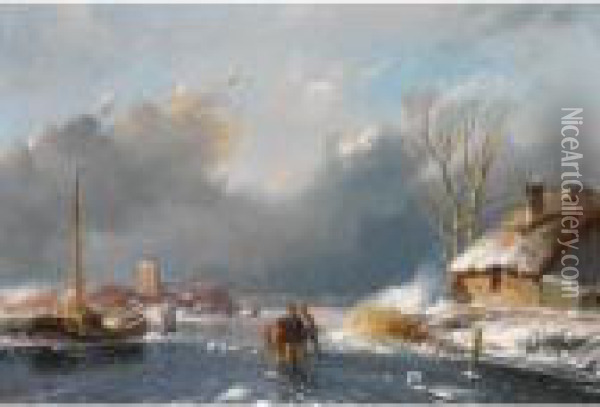 Skaters On A Frozen Waterway Oil Painting - Andreas Schelfhout