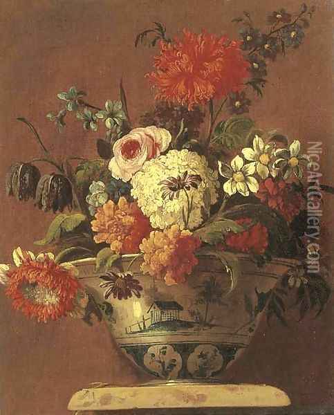 Carnations, daisies, a rose and other flowers in a chinoiserie bowl on a pedestal Oil Painting - Jean-Baptiste Monnoyer