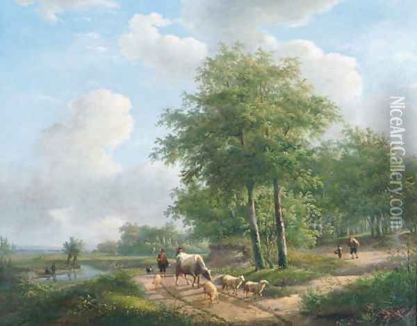 Walking along a sunlit path in the countryside Oil Painting - Andreas Schelfhout