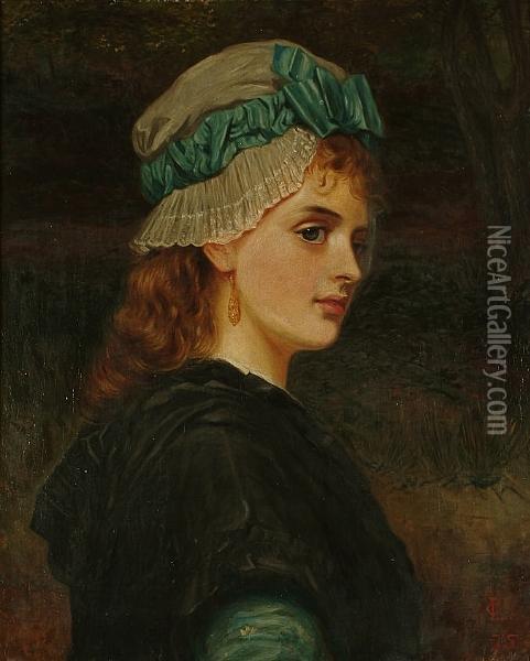 Portrait, Bust Length, Of Young Girl Wearing A Bonnet Decorated With A Blue Ribbon Oil Painting - Charles Sillem Lidderdale