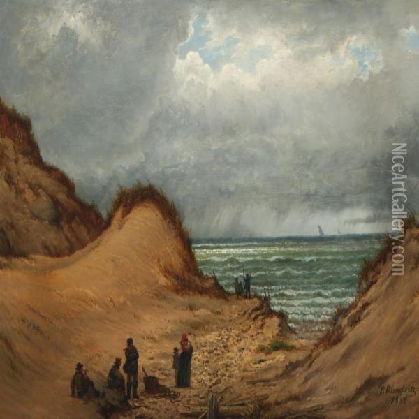 Figures By The Sea On A Stormy Day Oil Painting - Peter Johann Raadsig