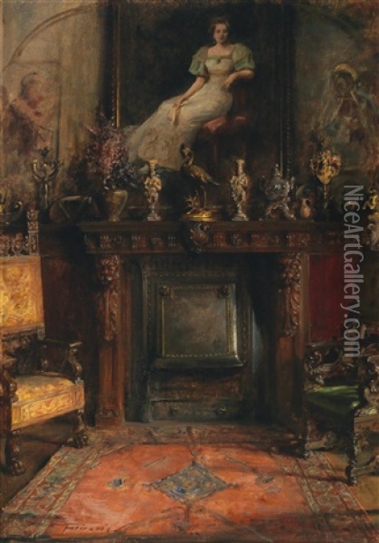 Interior With View Of A Fireplace And Painting Oil Painting - Arthur von Ferraris