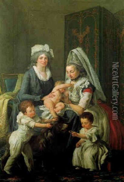 Portrait Of A Lady, Seated, With Her Nurse And Three Children Oil Painting - Anicet Charles Gabriel Lemonnier