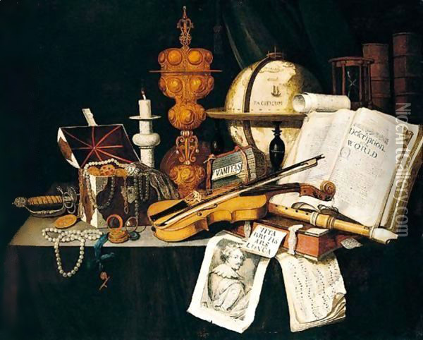 A vanitas still life of violin, recorder, music score, globe Oil Painting - Edwart Collier