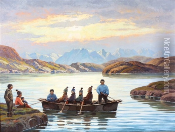 An Umiak In A Greenlandic Fiord Oil Painting - Emanuel A. Petersen