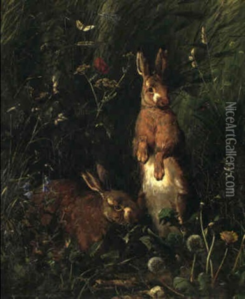 To Harer I En Blomstrende Mark Omgivet Af Sommerfugle,      Insekter Og Vilde Blomster Oil Painting - Olaf August Hermansen