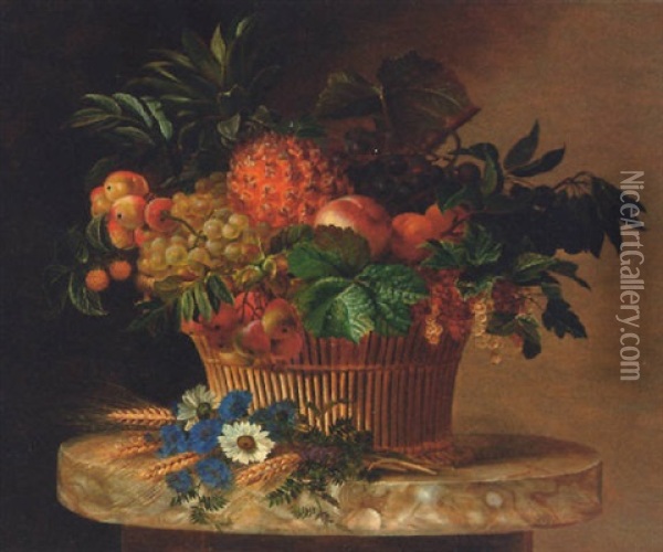 A Pineapple, Grapes, Peaches, Apricots, Pears And Redcurrants In A Wicker Basket Oil Painting - Carl Vilhelm Balsgaard
