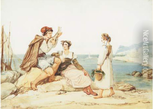 Un Musicien Et Deux Femmes Sur La Cote Napolitaine Oil Painting - Jean, Le Romain Alaux