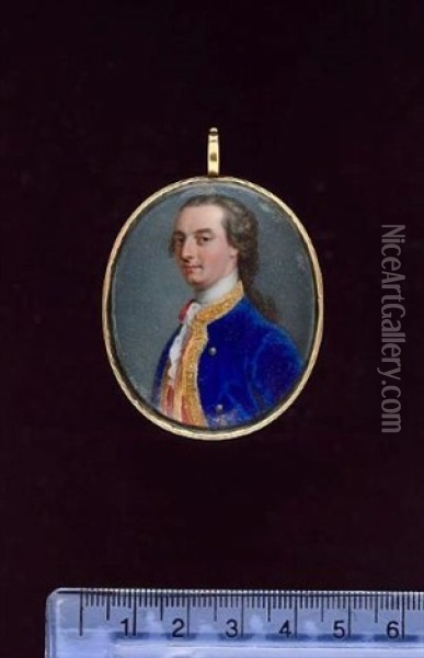 A Nobleman Wearing Blue Coat Edged With Gold Braid, Gold Buttons, Red Waistcoat, White Cravat, His Hair Worn En Queue Oil Painting - Jean Andre Rouquet