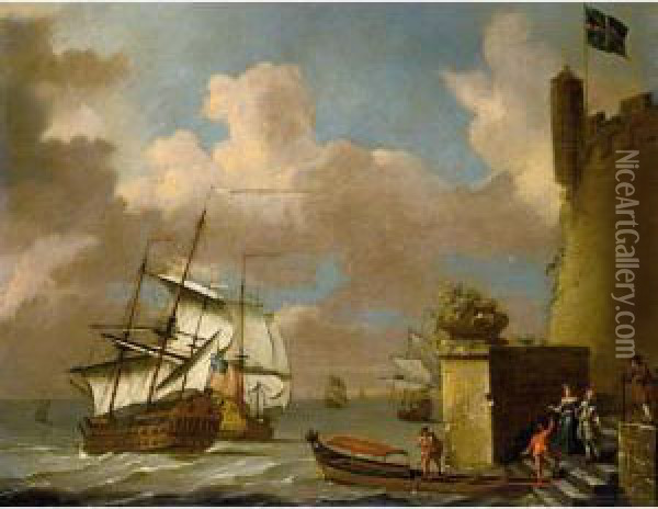 Seascape With Elegant Figures Approaching A Barge, With British Men Of War Beyond Oil Painting - Adriaen Van Diest
