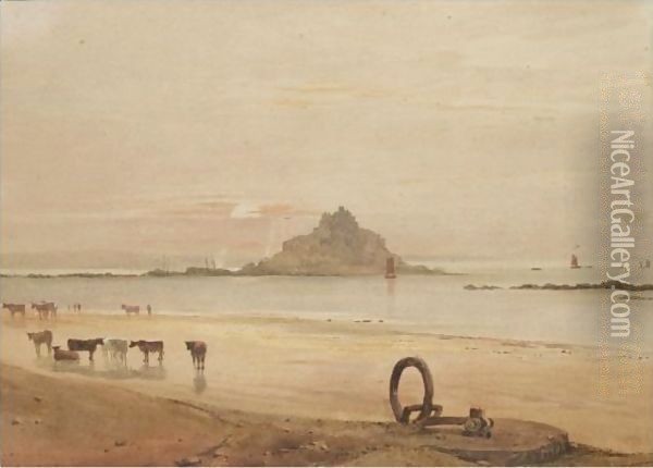 Cattle On The Beach With St. Michael's Mount Beyond Oil Painting - Samuel Prout