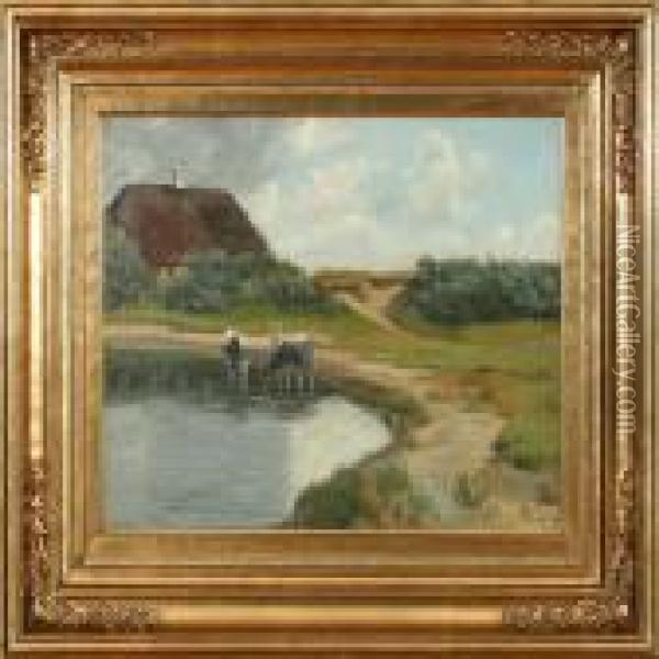 Watering The Cows Oil Painting - Albert Rudinger