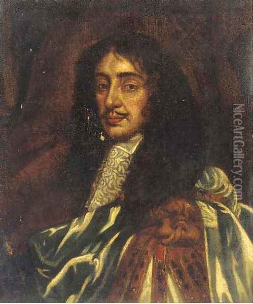 King Charles II, bust-length, in garter robes Oil Painting - Sir Peter Lely
