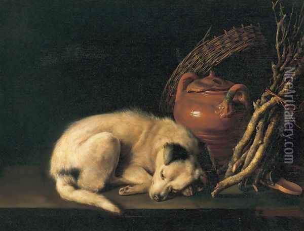 Sleeping Dog With Terracotta Jug Basket And Kindling Wood Oil Painting - Gerrit Dou
