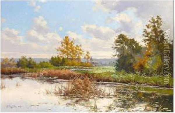 River Landscape Oil Painting - Alphonse Henri Mazard