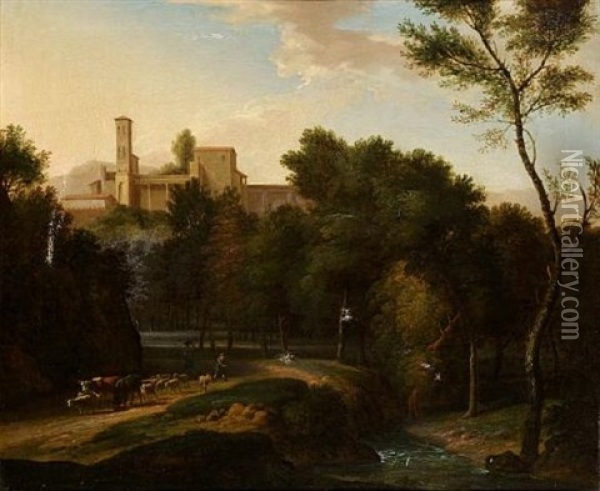 A Wooded Italianate Landscape With Shepherds Droving Their Livestock Beside A River In The Foreground, A Classical Villa On A Hill Beyond Oil Painting - Jan Frans van Bloemen