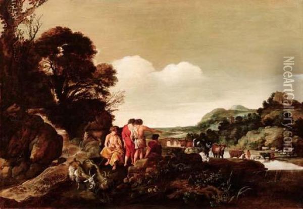 Paesaggio Con Figure E Corso D'acqua Oil Painting - Moyses or Moses Matheusz. van Uyttenbroeck