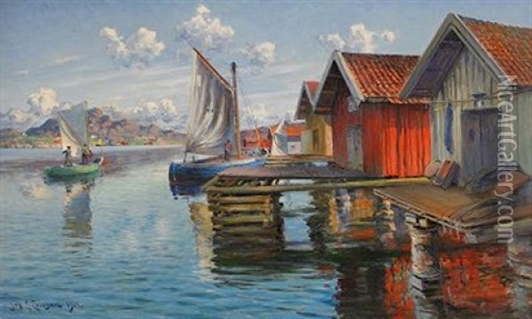 Batar I Hamn - Fiskelage Pa Vastkusten Oil Painting - Johan Ericson