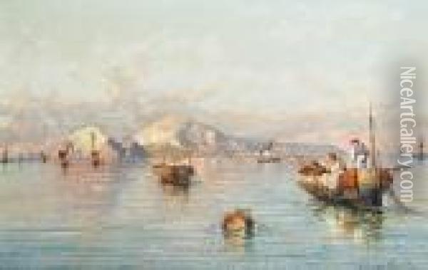 Fishermen In The Bay Of Naples, With Capri In The Distance Oil Painting - Giuseppe Carelli