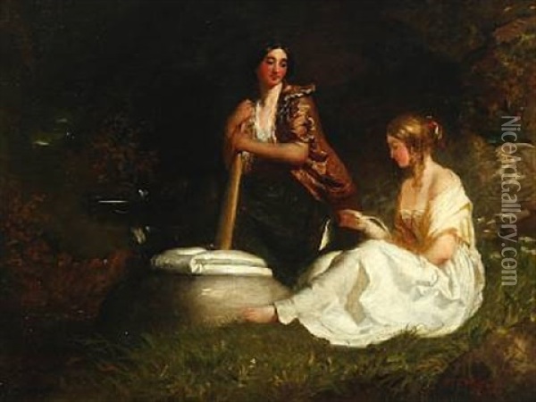 Laundry Scene With Two Young Women By A Stream Oil Painting - William Crabb