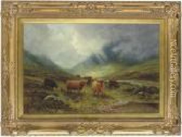A Highland Landscape With Cattle Beside A River Oil Painting - Louis Bosworth Hurt