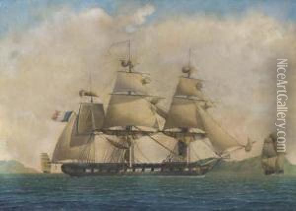A Fourty-four Gun French Frigate
 Observed From Her Starboard Side,under Reduced Sail In The 
Mediterranean Oil Painting - Francois Geoffroy Roux