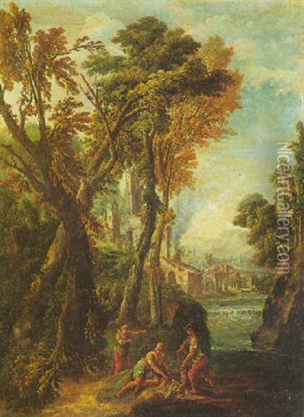 Paesaggio Con Grandi Alberi, Un Castello, Un Fiume E Tre Figure Di Contadini Oil Painting - Tomaso Porta