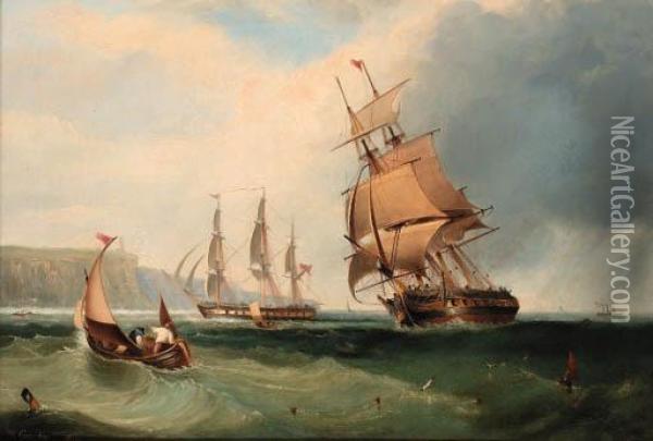 Frigates In An Onshore Breeze Off Flamborough Head Oil Painting - John Wilson Carmichael