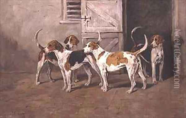 Four Hounds by a Stable Door Oil Painting - John Emms