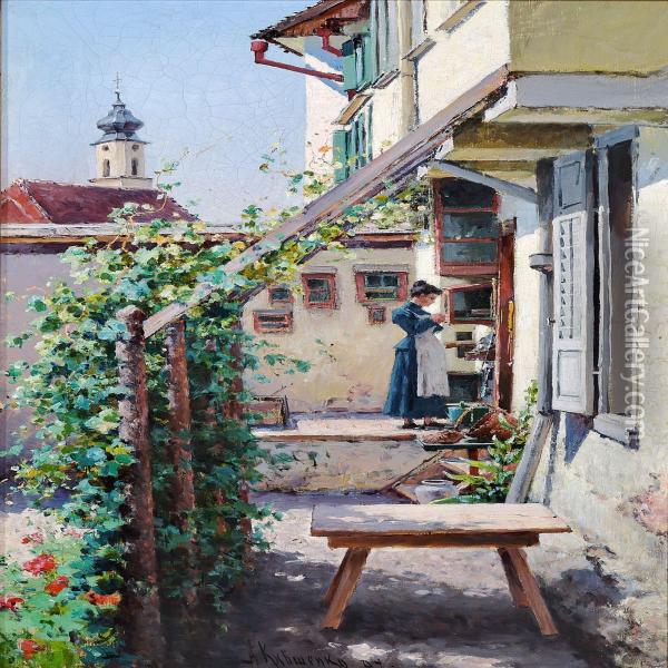 A Yard (lindau). Oil Painting - Aleksej Danilovich Kivsenko