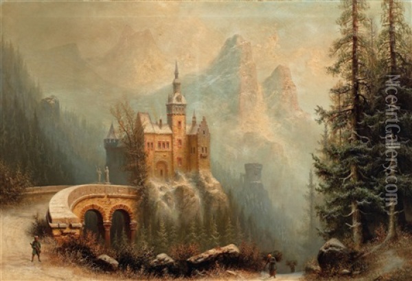 Large Winter Landscape With Castle In The Mountains Oil Painting - Albert Bredow