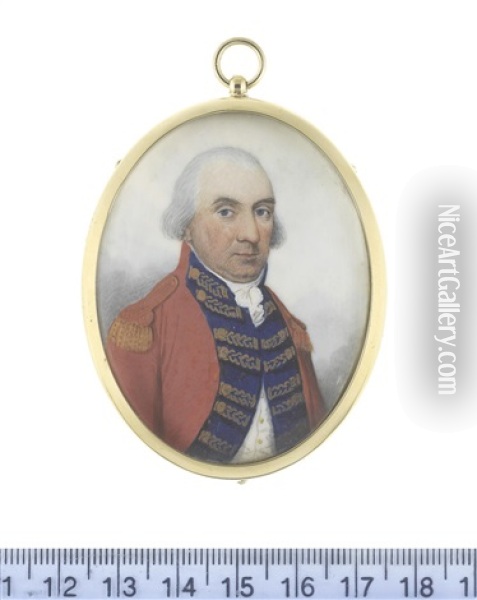 A Major General, Wearing Scarlet Coat, His Blue Facings Decorated With Gold Lace, Gold Epaulette, White Waistcoat, Stock And Frilled Chemise, His Hair Powdered Oil Painting - Frederick Buck