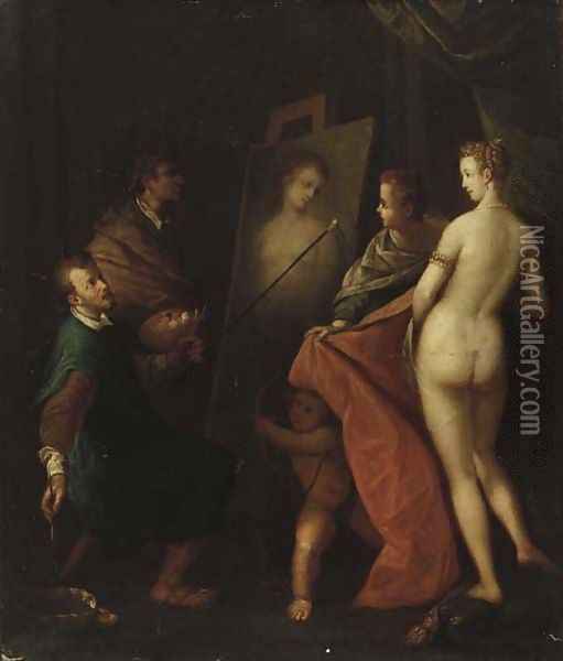 An Allegory of the Arts the interior of an artist's studio with a model posing Oil Painting - Hans Von Aachen