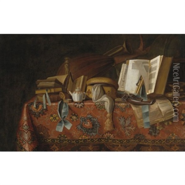 Still Life Of Books, Musical Instruments And Other Objects On A Table Draped With An Oriental Carpet Oil Painting -  Pseudo-Roestraten