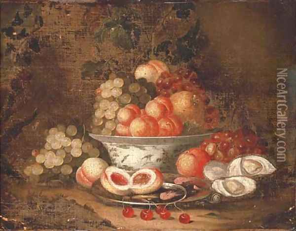 Grapes, peaches and a pomegranate in a blue and white porcelain bowl Oil Painting - Thomas Mertens