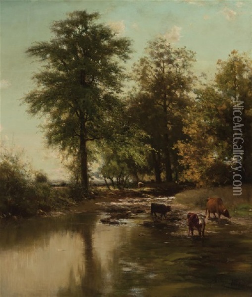 Cows Grazing By The River Oil Painting - Arthur Parton