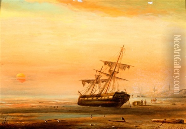 Tweemaster Op Het Strand Bij Ondergaande Zon Oil Painting - Petrus Paulus Schiedges the Elder