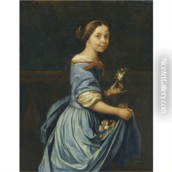 Portrait Of A Lady, Three Quarter Length, In A Blue Dress With An Armful Of Flowers Oil Painting - Jan Verkolje the Elder