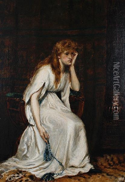 A Woman In Thought, Seated In Aninterior Oil Painting - A. Leicester Burroughs