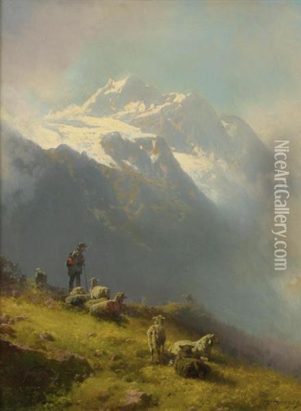 A Shepherd With His Flock Oil Painting - Herman Herzog