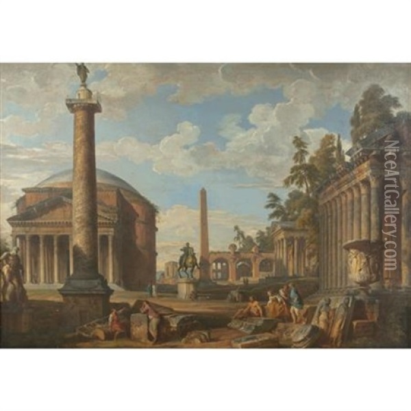 An Architectural Capriccio With The Roman Pantheon Oil Painting - Giovanni Paolo Panini