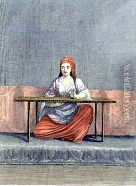 Turkish Woman Embroidering Oil Painting - Claude du Bose