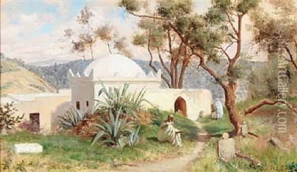 North African Landscape With Persons In Front Of A Church Oil Painting - Holger Hvitfeldt Jerichau