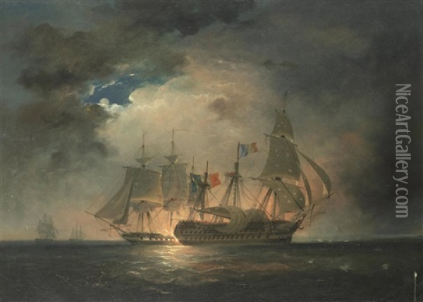 The Guillaume Tell In Action With H.m.s. Penelope, With H.m.s. Lion To Starboard And H.m.s. Foudroyant Coming Up Astern To Join The Fray, 31st March 1800 Oil Painting - Nicholas Matthew Condy