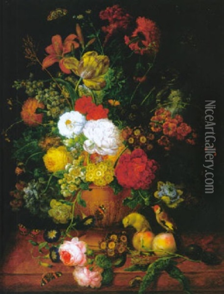 Prachtvolles Blumenstilleben Mit Fruchten Und Getier Auf Einem Tisch Oil Painting - Jan van Os