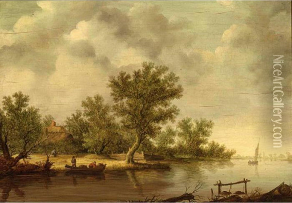 A River Landscape With Fishermen In A Boat Oil Painting - Jan van Goyen