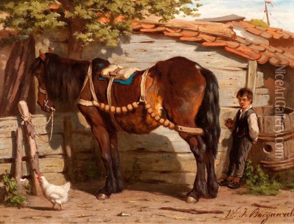 Workhorse With Farm Hand Oil Painting - Willem Jacobus Boogaard