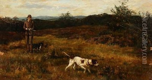 Norwegian Landscape With A Hunter With His Dog Oil Painting - Karl Kristian Uchermann